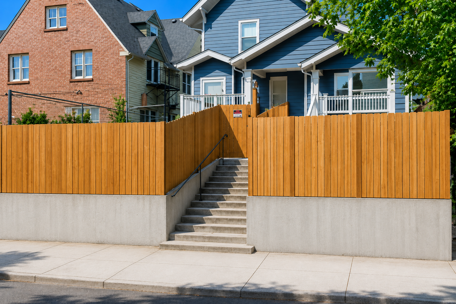 Seattle Rentals house exterior — brick and blue siding with wood fence and front steps